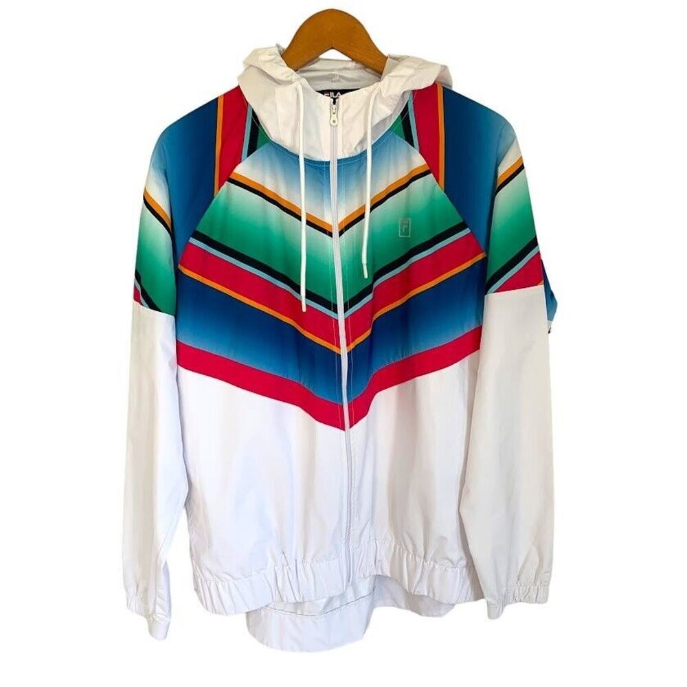 Fila Jacket Womens Size Large White Tennis Hooded Rain Windbreaker Stripe Zip